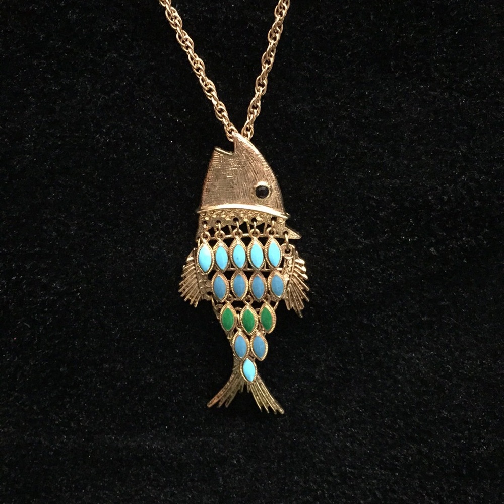 Gold Tone Blue/Green Dangling Fish Necklace